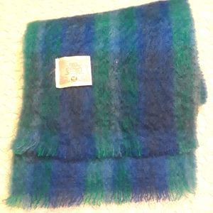 Mohair Donegal Design Blue Shades Plaid Scarf with Fringe 75Lx10W Vintage